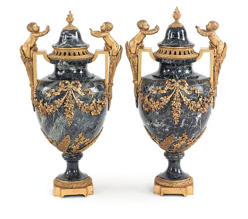 Pair of ormolu mounted marble urns, 27 1/4" h.