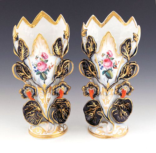 Pair of painted porcelain spill vases, 15 3/4" h.