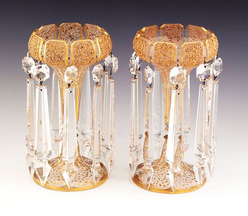 Pair of gilt decorated glass lusters, 10" h.