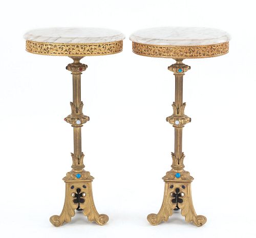 Pair of brass marble top stands, 29 3/4" h., 14 3/