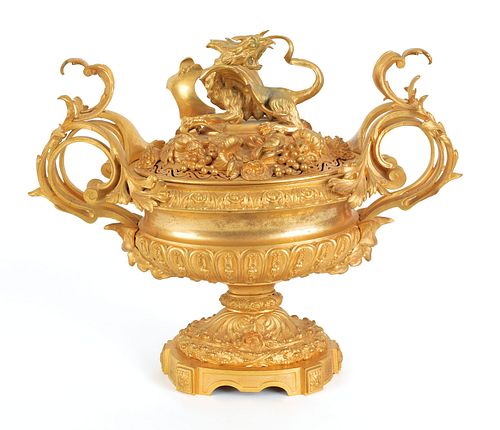 Large French ormolu tureen with dragon cover, 19".