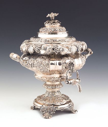 Irish silver hot water urn, 1830-1831, bearing the
