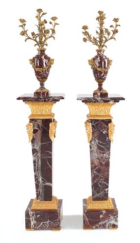 Pair of ormolu mounted marble candelabra, 25" h.,o