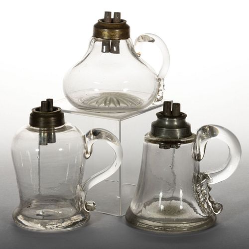 ASSORTED GLASS KEROSENE / FLUID FINGER LAMPS, LOT OF THREE