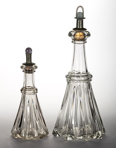 PILLAR-MOLDED GLASS DECANTERS, LOT OF TWO