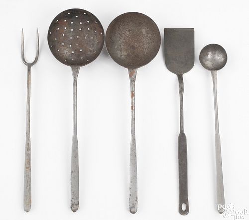 Five wrought iron utensils, 19th c., to include ap