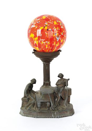 Spelter figural table lamp with glass globe, 13" h