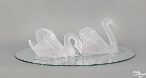 Lalique frosted glass swans on a lake group, 9 1/4