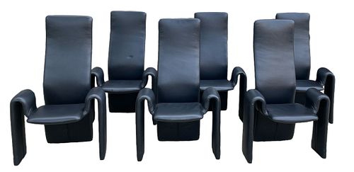 STEVE LEONARD for BRAYTON Post Modern Black Leather Dining Chairs (Set of 6)