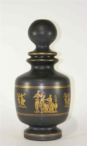 An Art Glass Commemorative Covered Urn Height 19 1/4 inches.