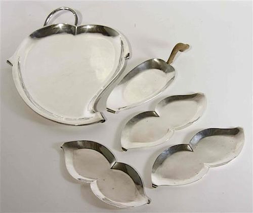 A Group of Five Mexican Silver Serving Trays, Royal Haeger by Royal Hickman, 20th Century, comprising a leaf form tray and fo