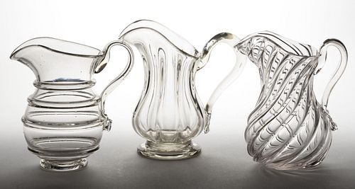 PATTERN-MOLDED GLASS QUART PITCHERS, LOT OF THREE