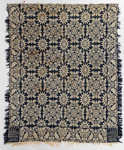 TRUMBULL CO., OHIO SIGNED AND DATED JACQUARD COVERLET
