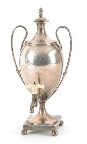 English silver hot water urn, 1784-1785, with pine