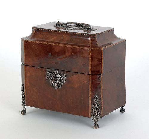 English mahogany and silver mounted tea caddy, 176