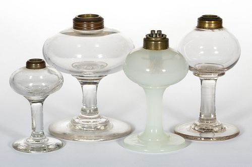 UNPATTERNED GLASS KEROSENE STAND LAMPS, LOT OF FOUR