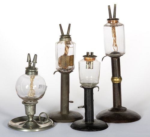 FREE-BLOWN AND BLOWN-MOLDED GLASS AND METAL FLUID MAKE-DO LAMPS, LOT OF FOUR