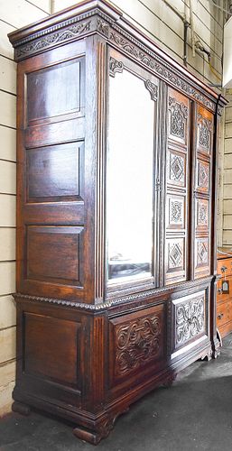FRENCH OAK ARMOIRE WITH BEVELED MIRROR