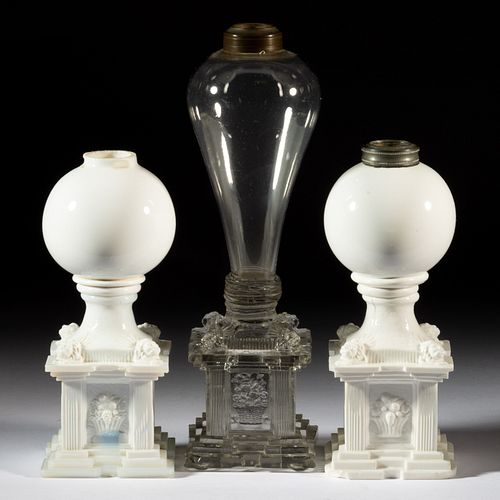 FREE-BLOWN AND PRESSED GLASS WHALE OIL / FLUID STAND LAMPS, LOT OF THREE