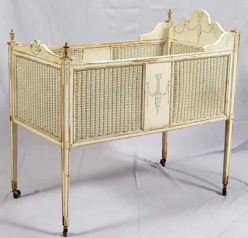 ANTIQUE WOOD AND WICKER BABY'S CRIB EARLY 20TH C.