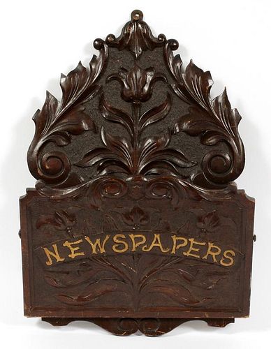 VICTORIAN WALL MOUNTED CARVED WOOD NEWSPAPER HOLDER