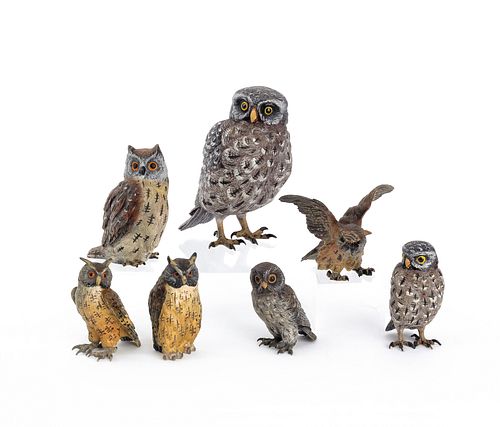 Seven Austrian cold painted bronze owls, mid 20th.