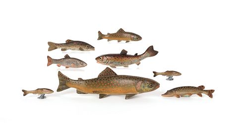 Eight Austrian cold painted bronze salmon, mid 20t