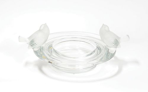 Lalique clear and frosted glass bowl with bird han