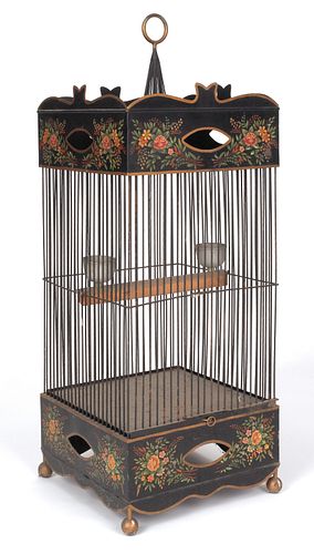 Painted tin birdcage, 20th c., 49" h., 18" w.