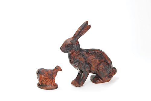 Two redware figures of a rabbit and lamb by Foltz,