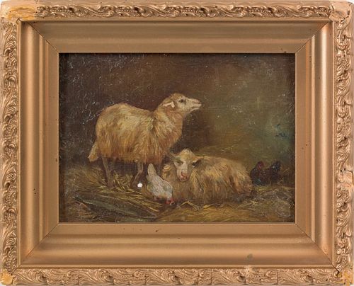 Oil on board landscape, 19th c., with sheep and ch