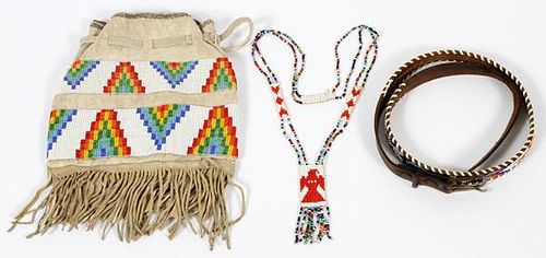 NAVAJO BEADED AND BUCKSKIN PURSE BELT AND NECKLACE