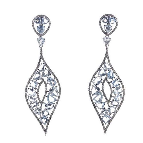 Silver Gold Diamond Aquamarine Cocktail Earrings