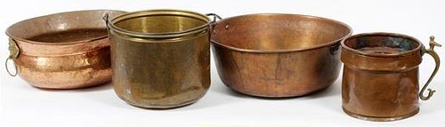 ANTIQUE COPPER AND BRASS PANS FOUR