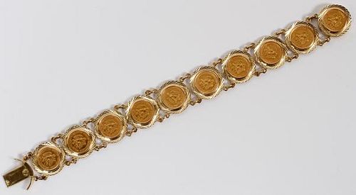 MEXICAN TWO PESO 14 KT GOLD COIN BRACELET 35 GRAMS