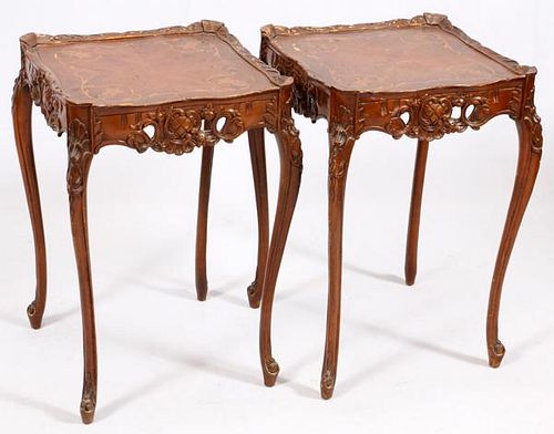 CARVED WALNUT AND INLAID END TABLES EARLY 20TH C.