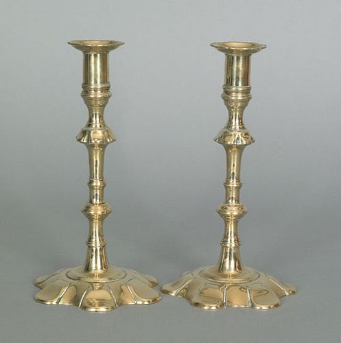 Pair of English Queen Anne brass petal base candle