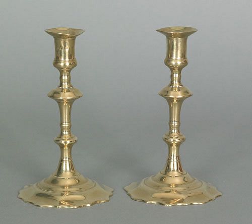 Pair of English Queen Anne brass candlesticks, ca.