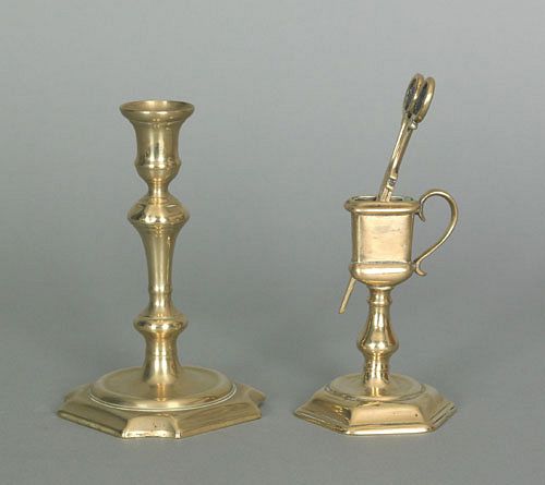 English Queen Anne brass snuffer and stand, ca. 17