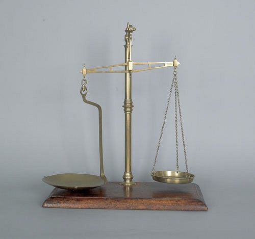 English brass balance scale, 19th c., with knopped