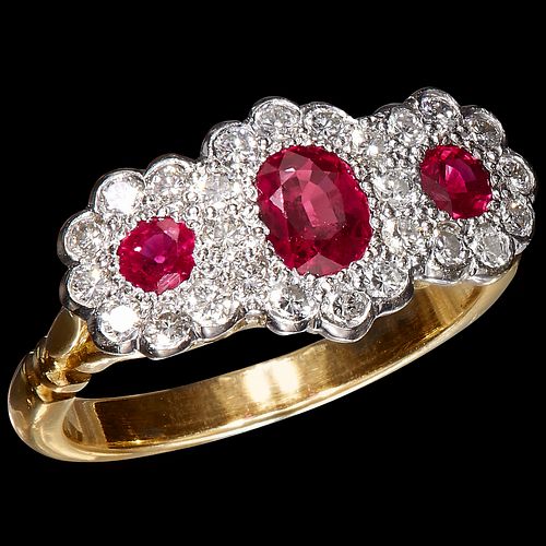 FINE RUBY THREE STONE CLUSTER RING