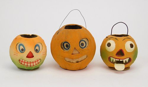 3 Halloween Jack-O-Lantern Papier Mache Candy Containers