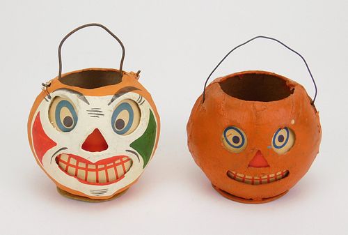 2 Halloween Jack-O-Lantern Papier Mache Candy Containers