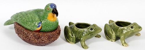 PORTUGUESE POTTERY BIRD-IN-NEST DISH AND FROGS