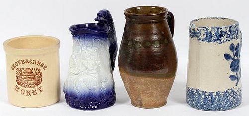 CERAMIC PITCHERS AND A CROCK 4 PIECES