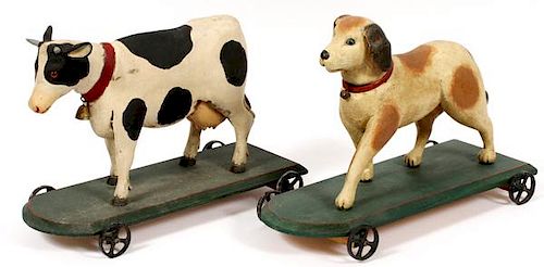 R. SMITH AND R. SHRODE WOODEN COW AND DOG PULL TOYS