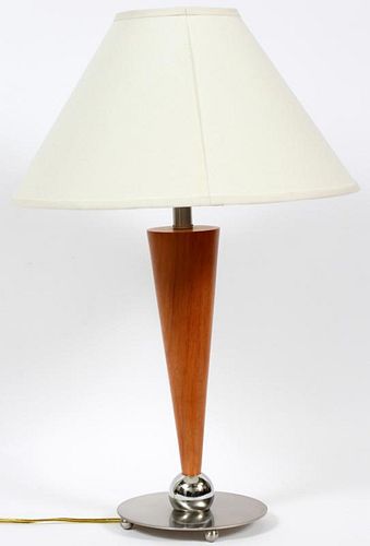 MID-CENTURY CHERRY WOOD & STAINLESS STEEL LAMP
