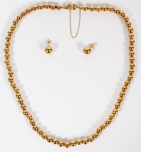 BEAD STYLE 14 KT GOLD NECKLACE AND STUD EARRINGS