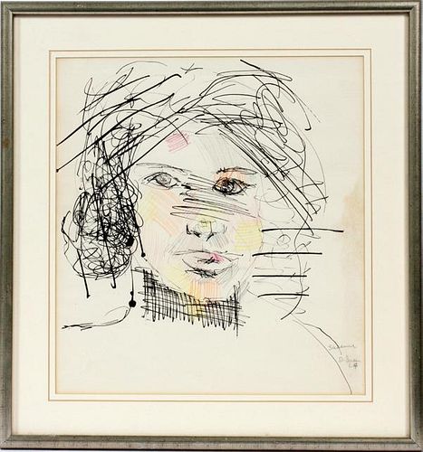 DAVID BASIN INK & COLORED PENCIL DRAWING 1964