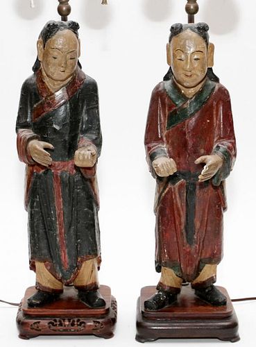 CHINESE CARVED WOOD FIGURAL LAMPS PAIR